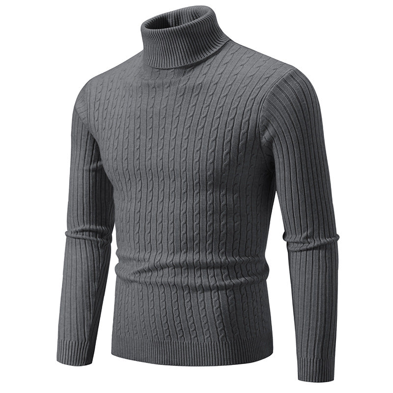 Men’s Turtleneck Sweater – Slim Fit – Wool Knit – Cable Pattern – Ribbed Hem