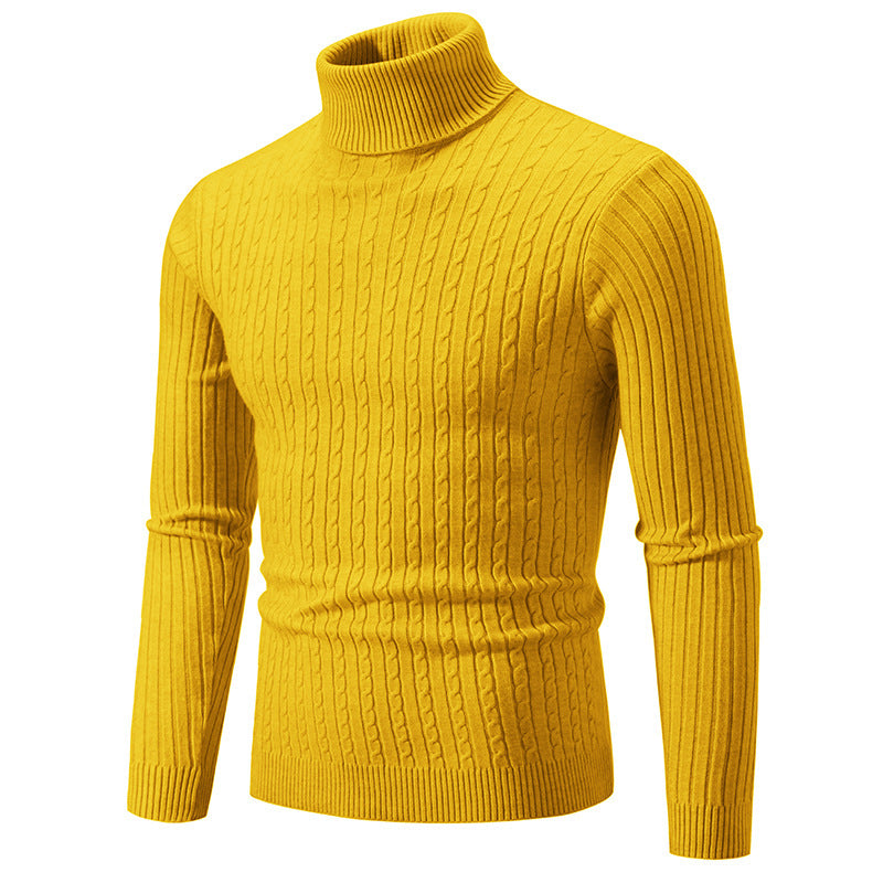 Men’s Turtleneck Sweater – Slim Fit – Wool Knit – Cable Pattern – Ribbed Hem