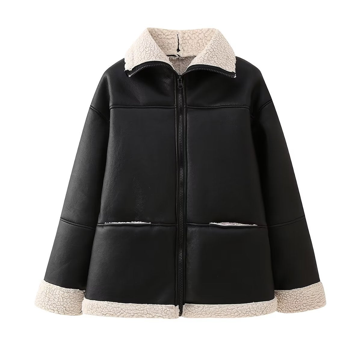 Women’s Jacket – Oversized Relaxed Fit – Plush Lining – Revere Collar – Hip Length