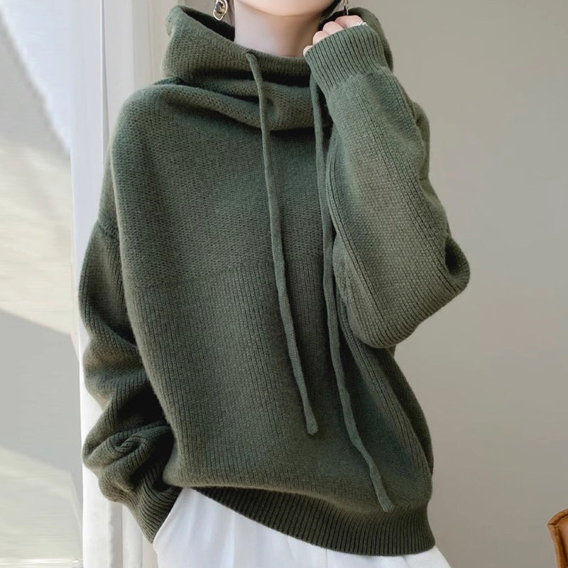 Women’s Pullover Sweater – Relaxed Fit – Wool Blend – Cowl Neck with Drawstrings