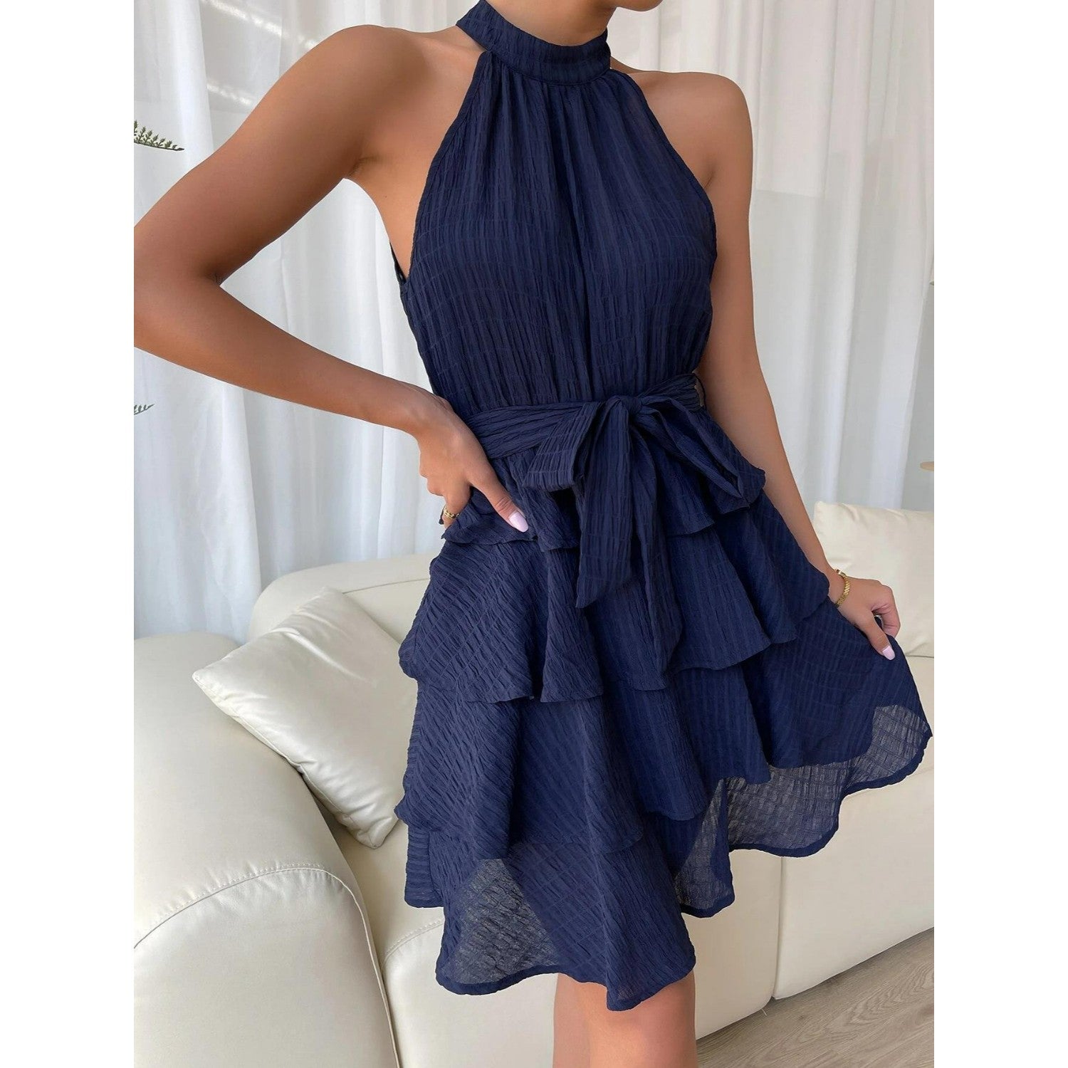 Daniela | Boho short dress with flounces - backless, halterneck & waist belt for summer & festival