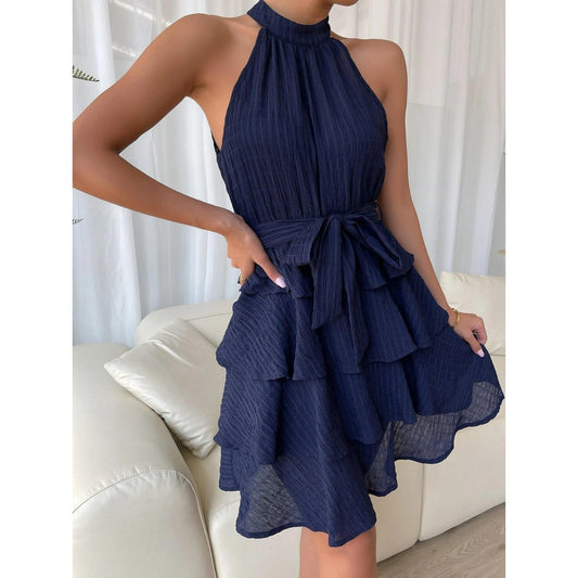 Daniela | Boho short dress with flounces - backless, halterneck & waist belt for summer & festival