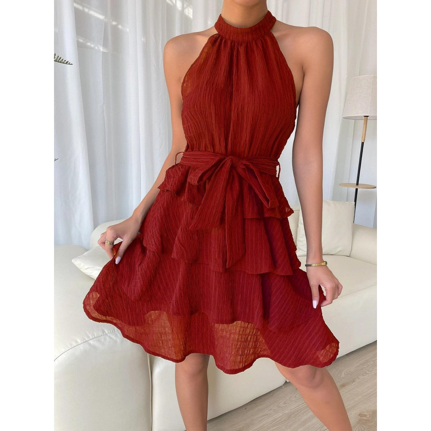 Daniela | Boho short dress with flounces - backless, halterneck & waist belt for summer & festival