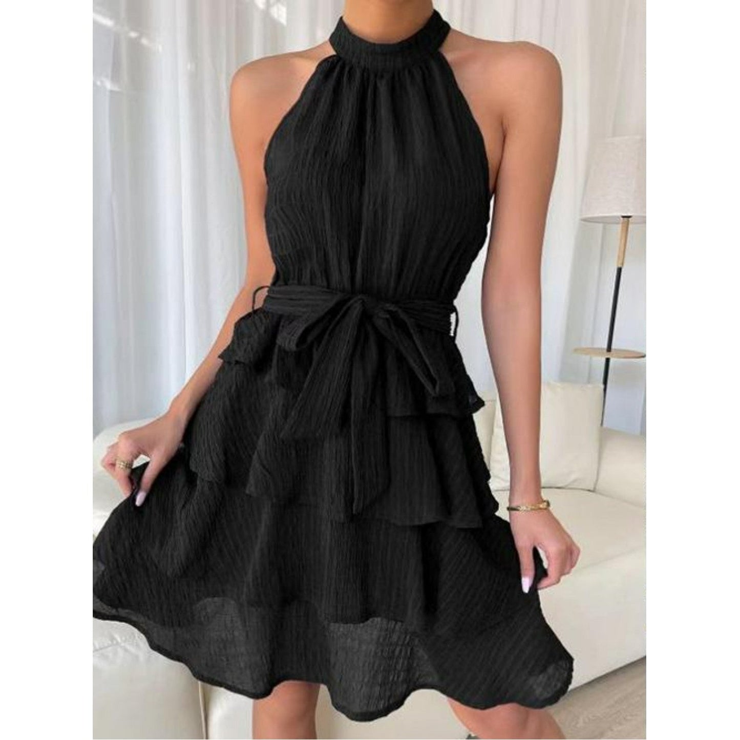 Daniela | Boho short dress with flounces - backless, halterneck & waist belt for summer & festival