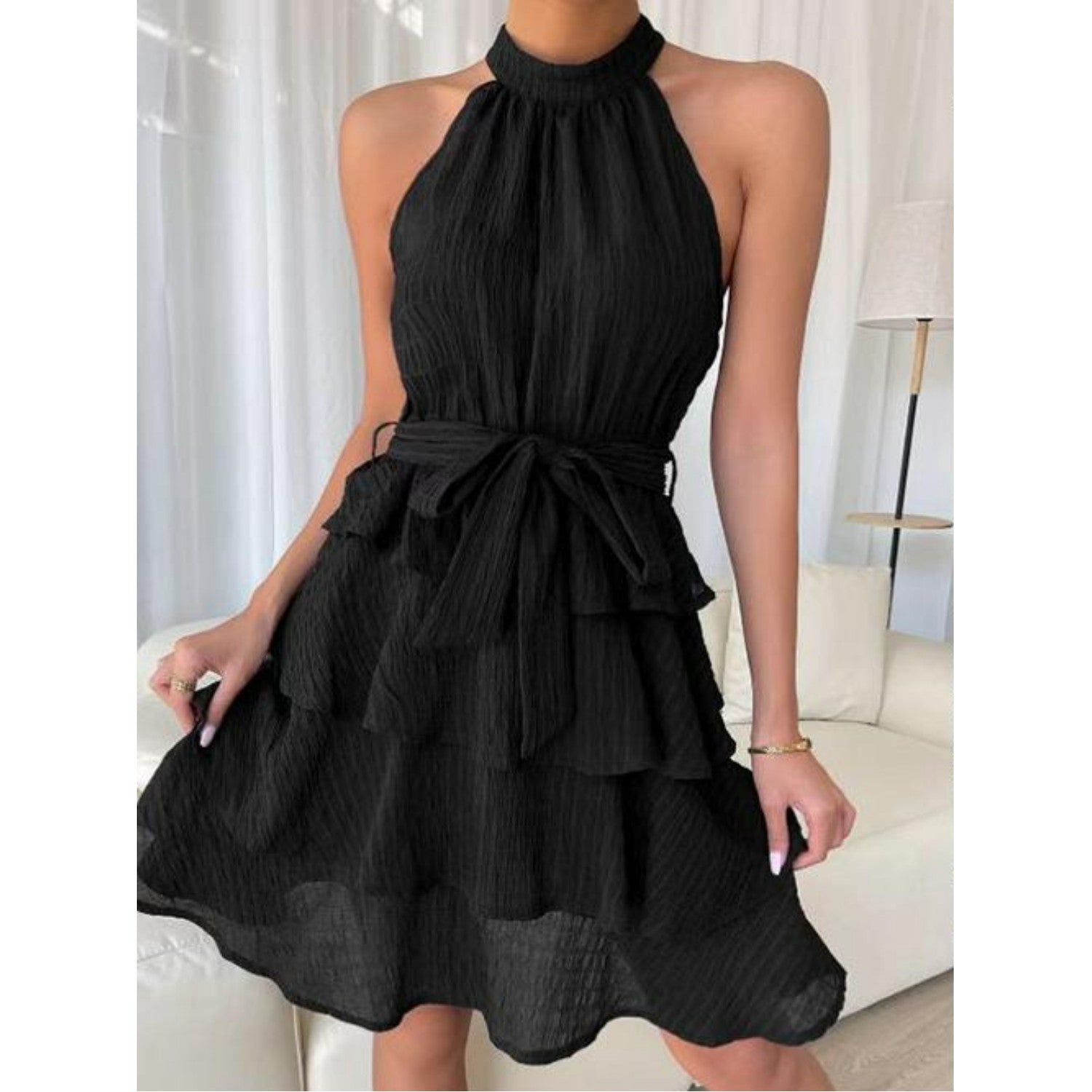 Daniela | Boho short dress with flounces - backless, halterneck & waist belt for summer & festival