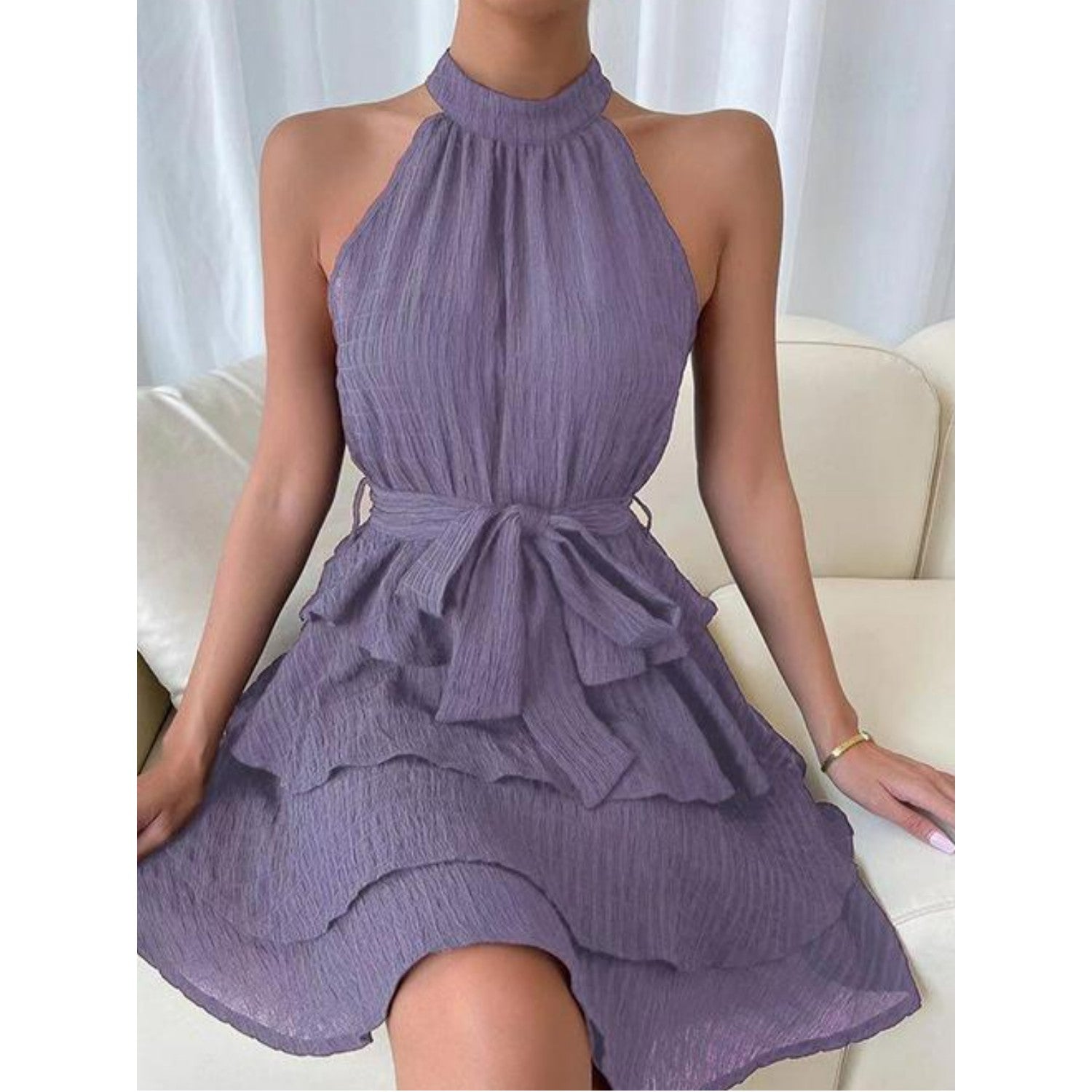 Daniela | Boho short dress with flounces - backless, halterneck & waist belt for summer & festival