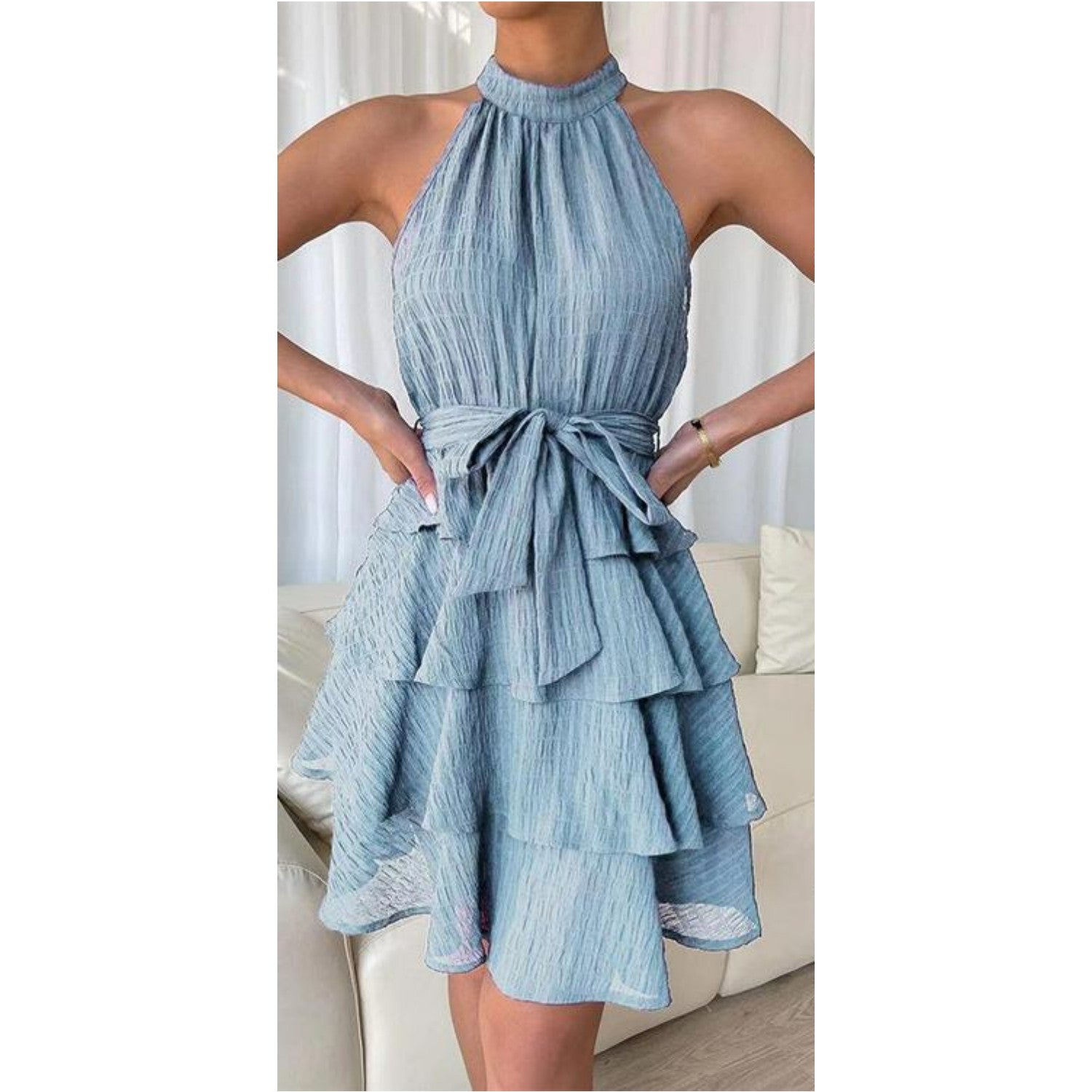 Daniela | Boho short dress with flounces - backless, halterneck & waist belt for summer & festival