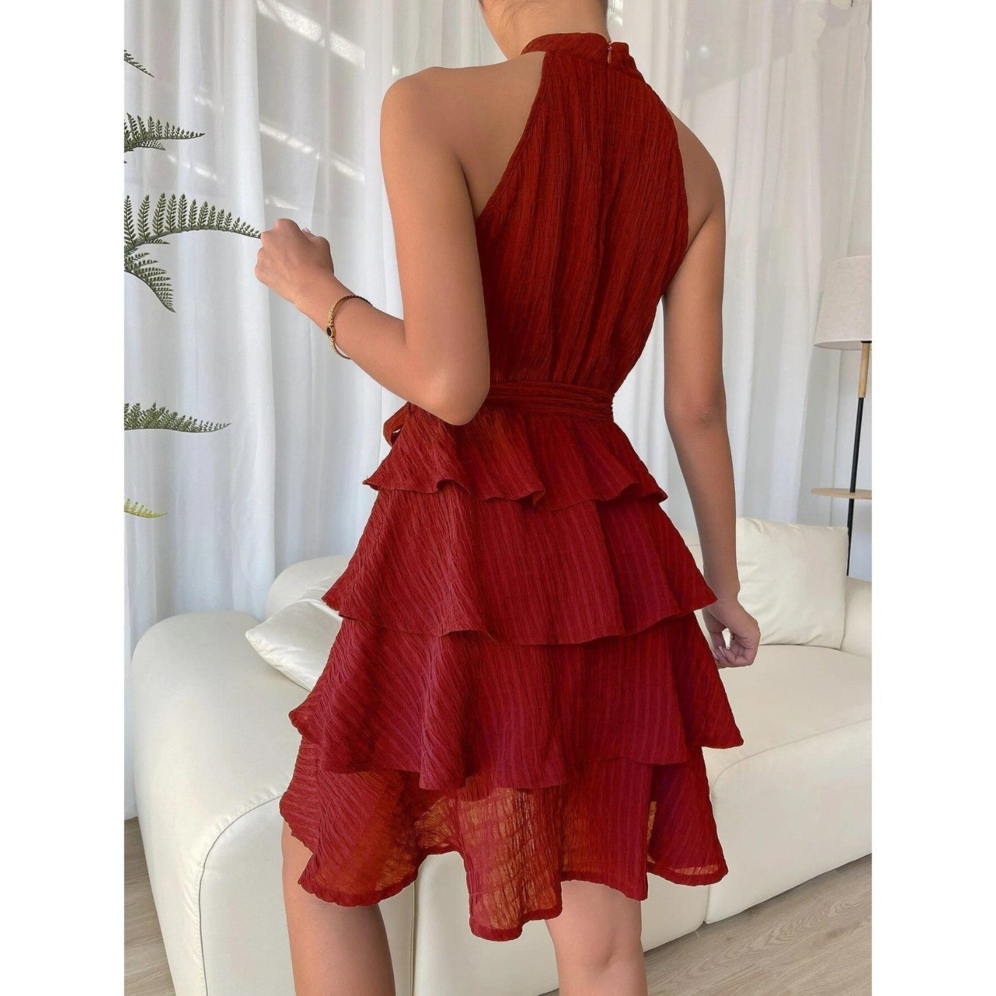 Daniela | Boho short dress with flounces - backless, halterneck & waist belt for summer & festival