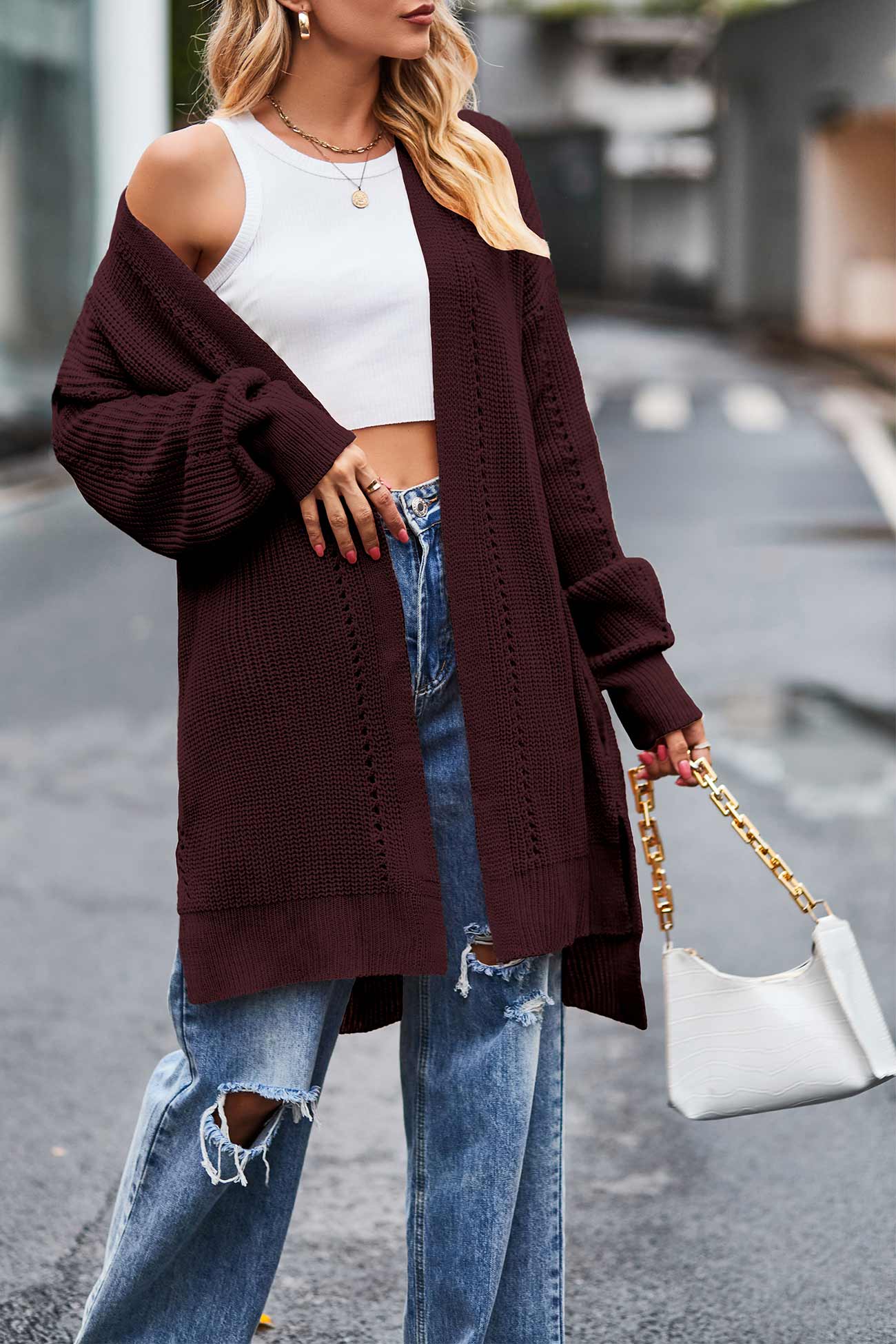 Cecilia® | Pocketed Open Front Slit Hem Long Cardigan