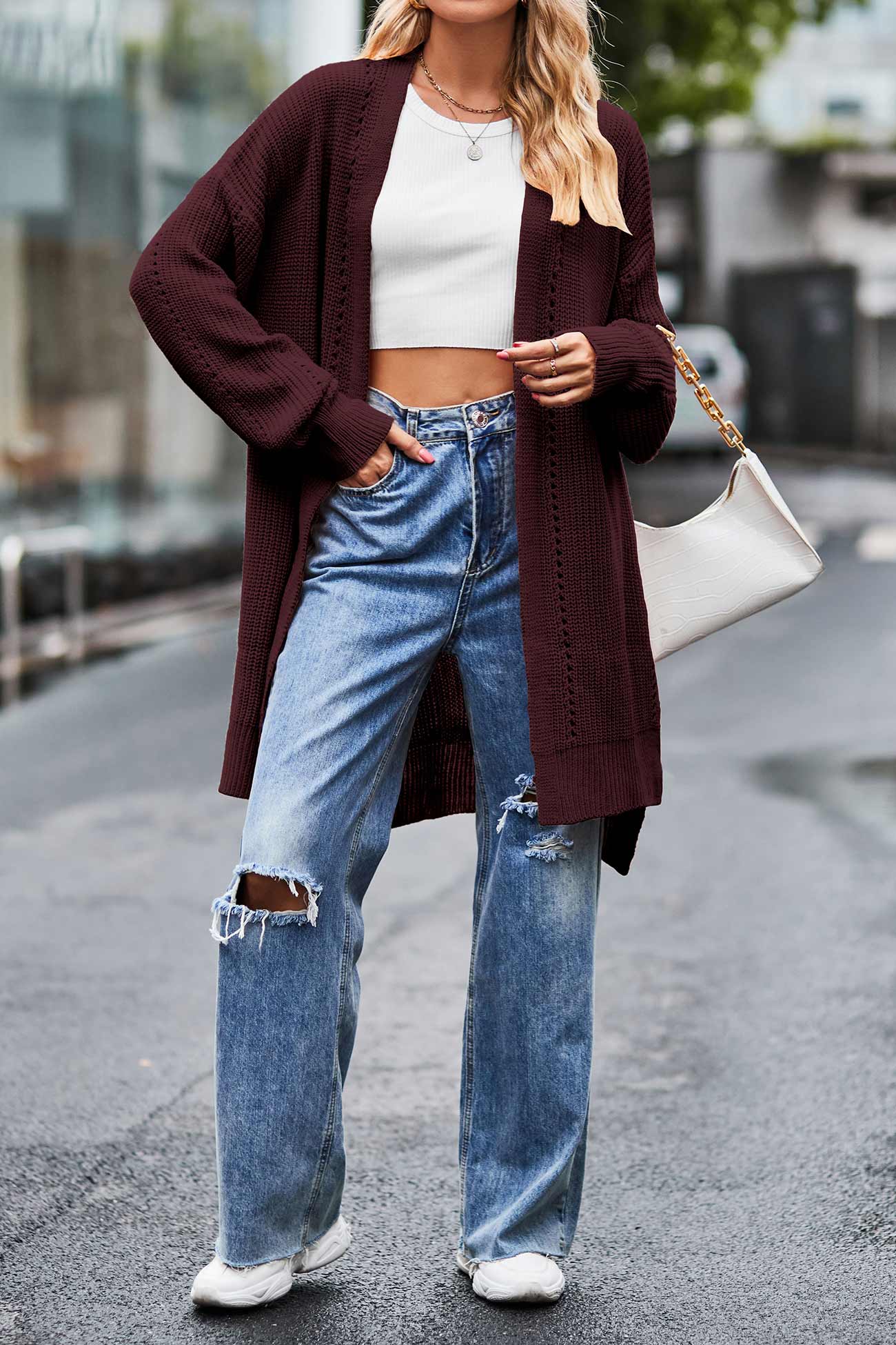 Cecilia® | Pocketed Open Front Slit Hem Long Cardigan