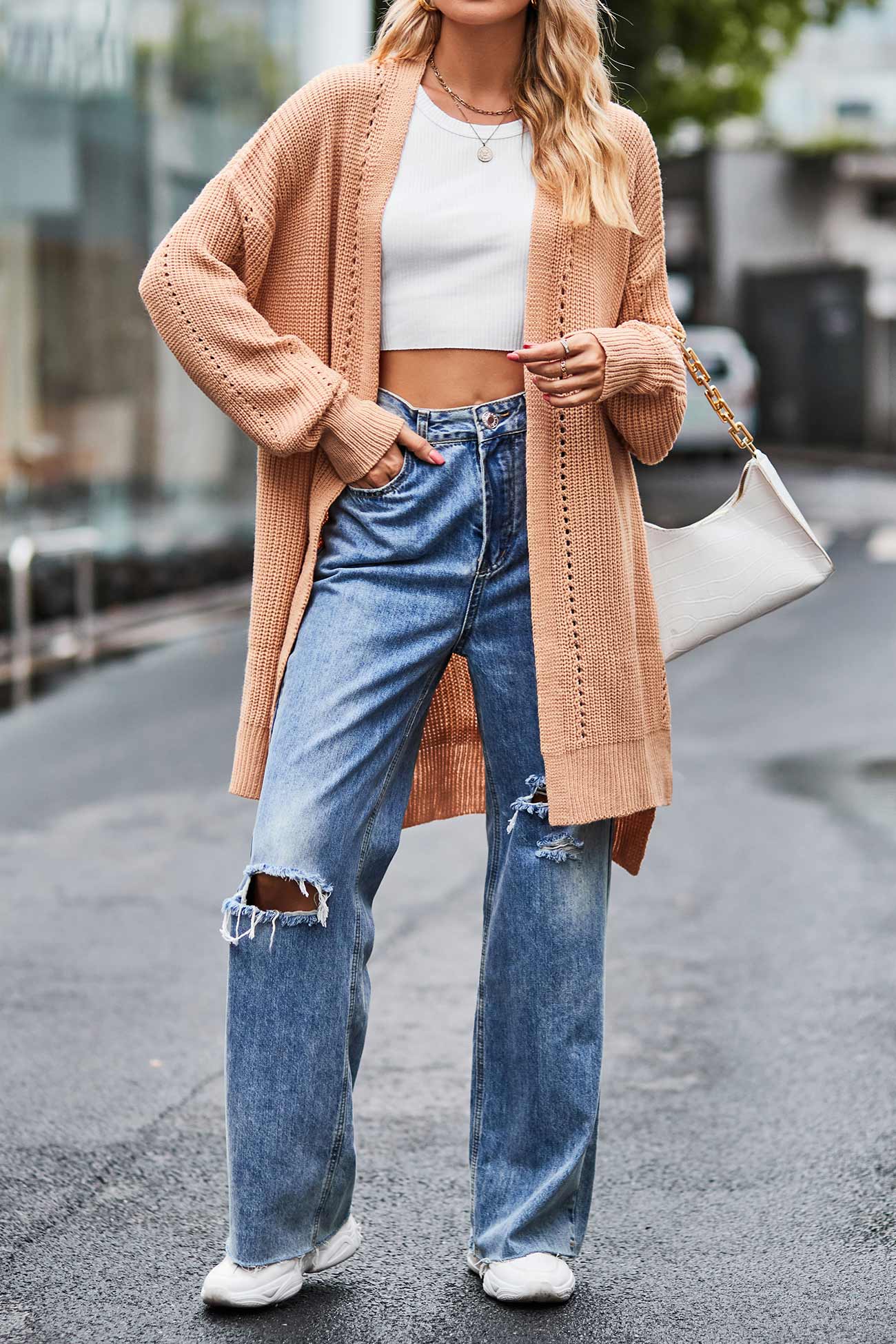Cecilia® | Pocketed Open Front Slit Hem Long Cardigan