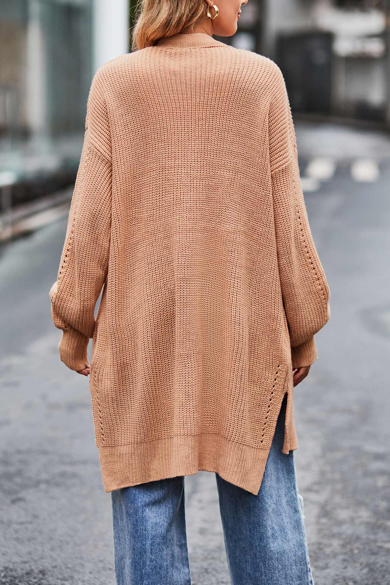 Cecilia® | Pocketed Open Front Slit Hem Long Cardigan