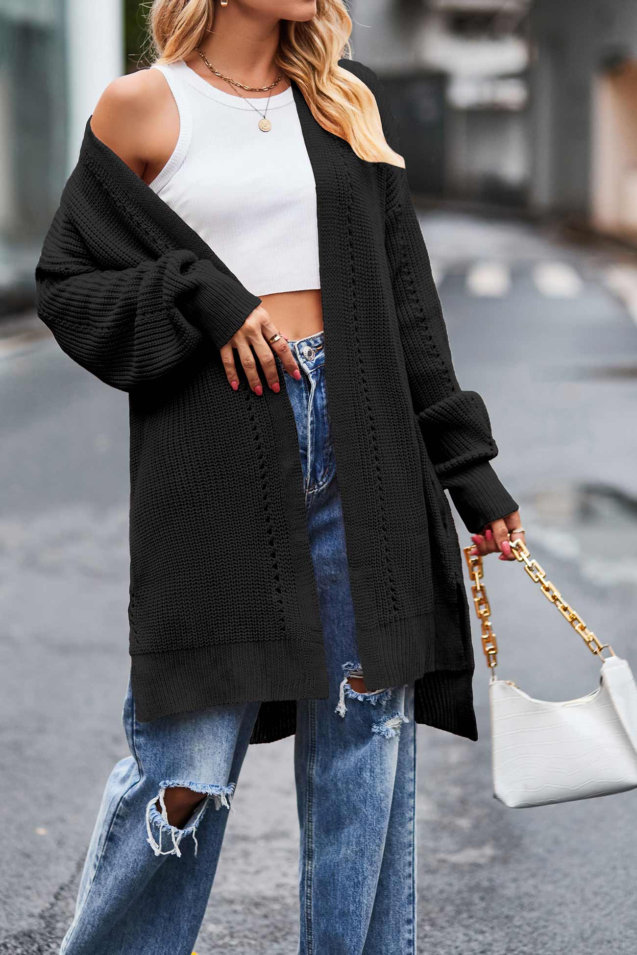 Cecilia® | Pocketed Open Front Slit Hem Long Cardigan