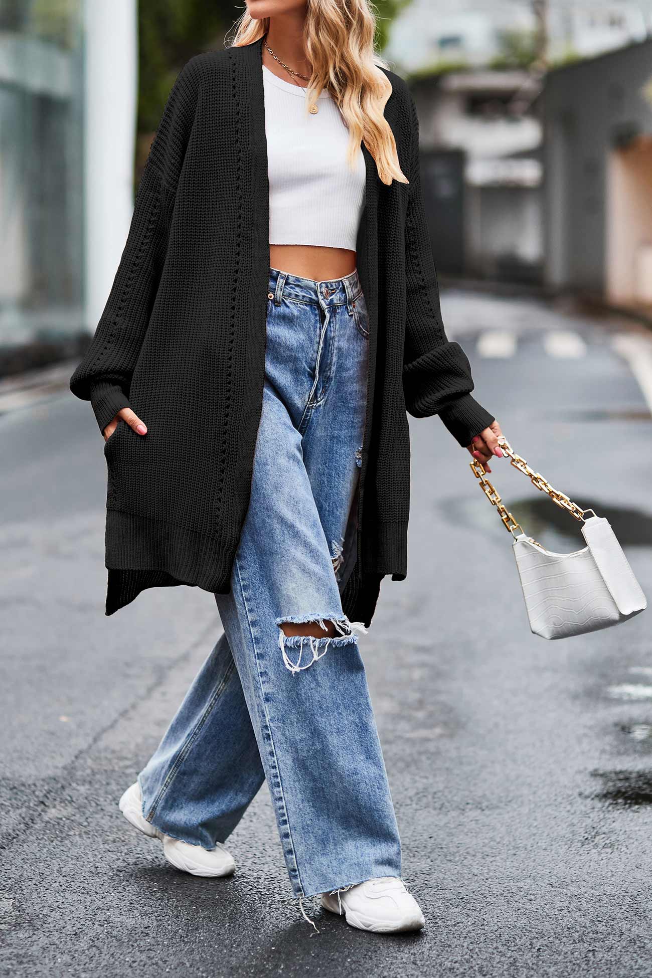 Cecilia® | Pocketed Open Front Slit Hem Long Cardigan