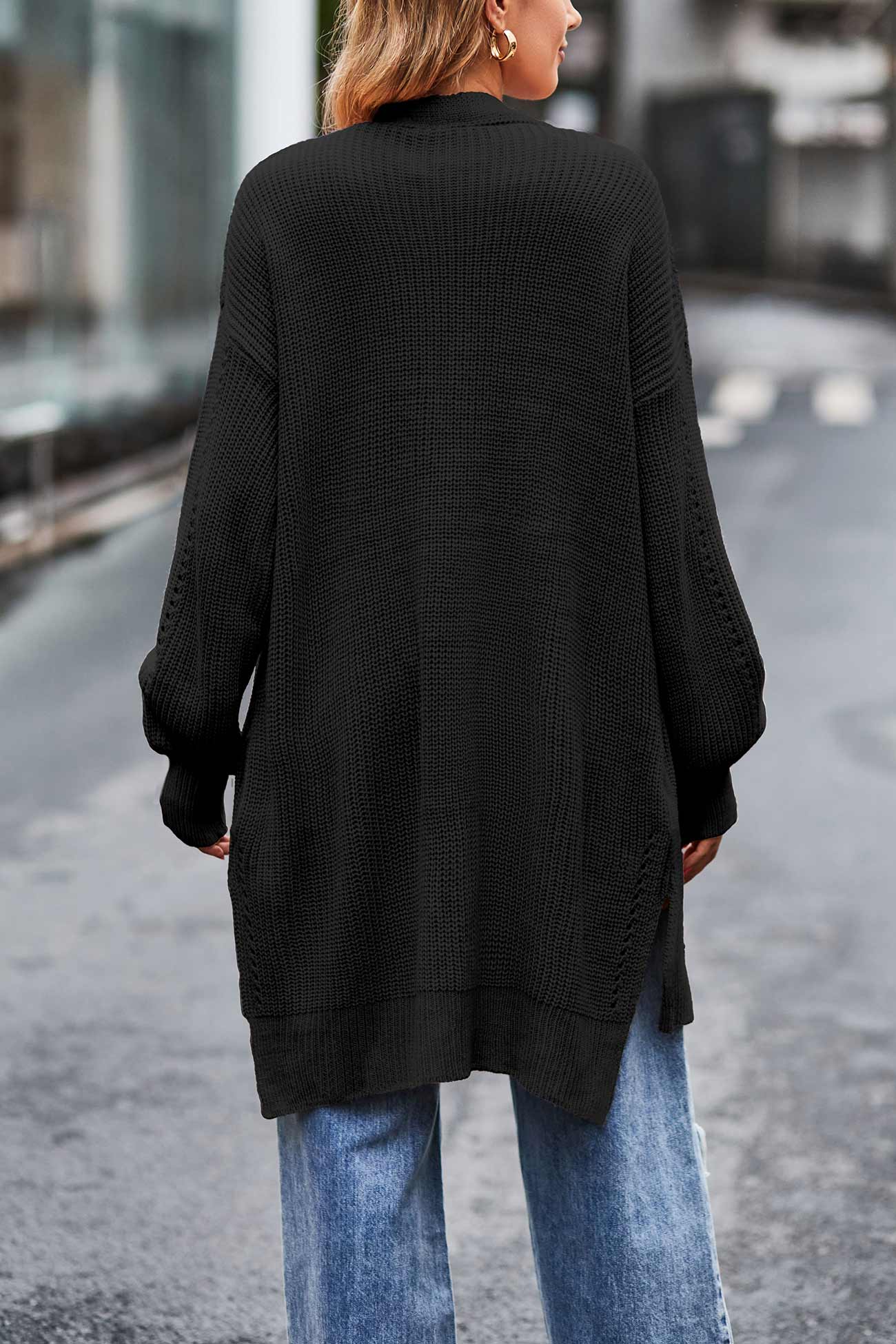 Cecilia® | Pocketed Open Front Slit Hem Long Cardigan