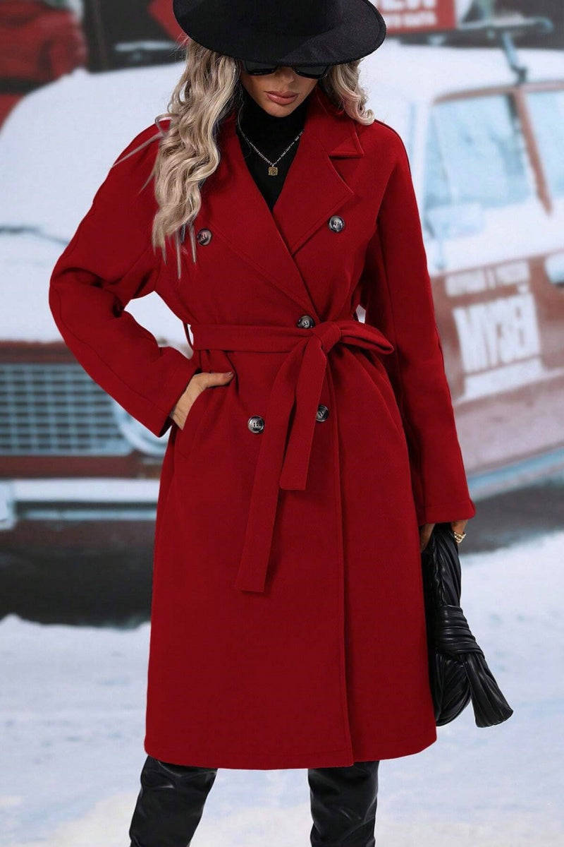 Women’s Long Coat – Wool Blend – Relaxed Fit – Double-Breasted – Belted Lapel Style