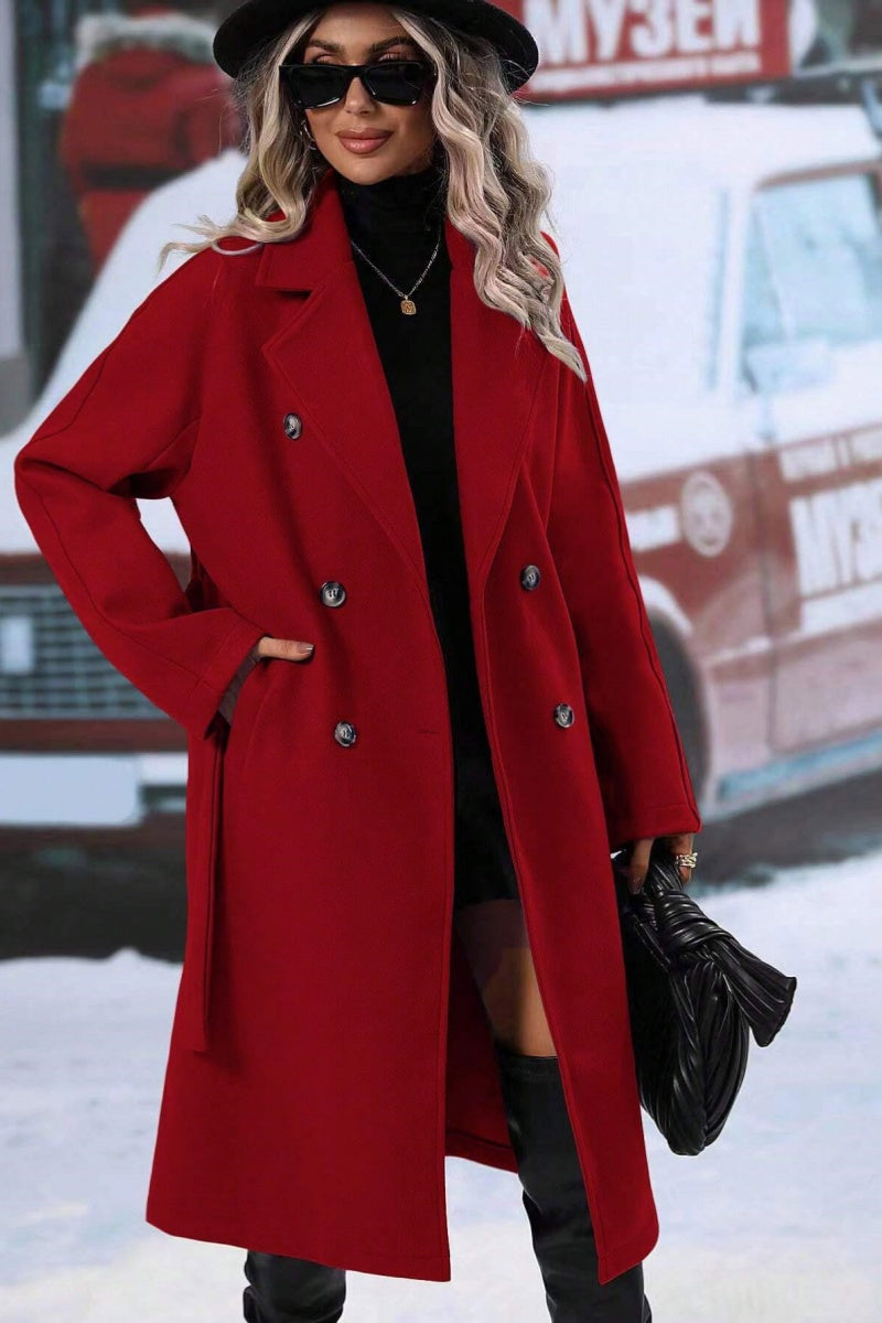 Women’s Long Coat – Wool Blend – Relaxed Fit – Double-Breasted – Belted Lapel Style