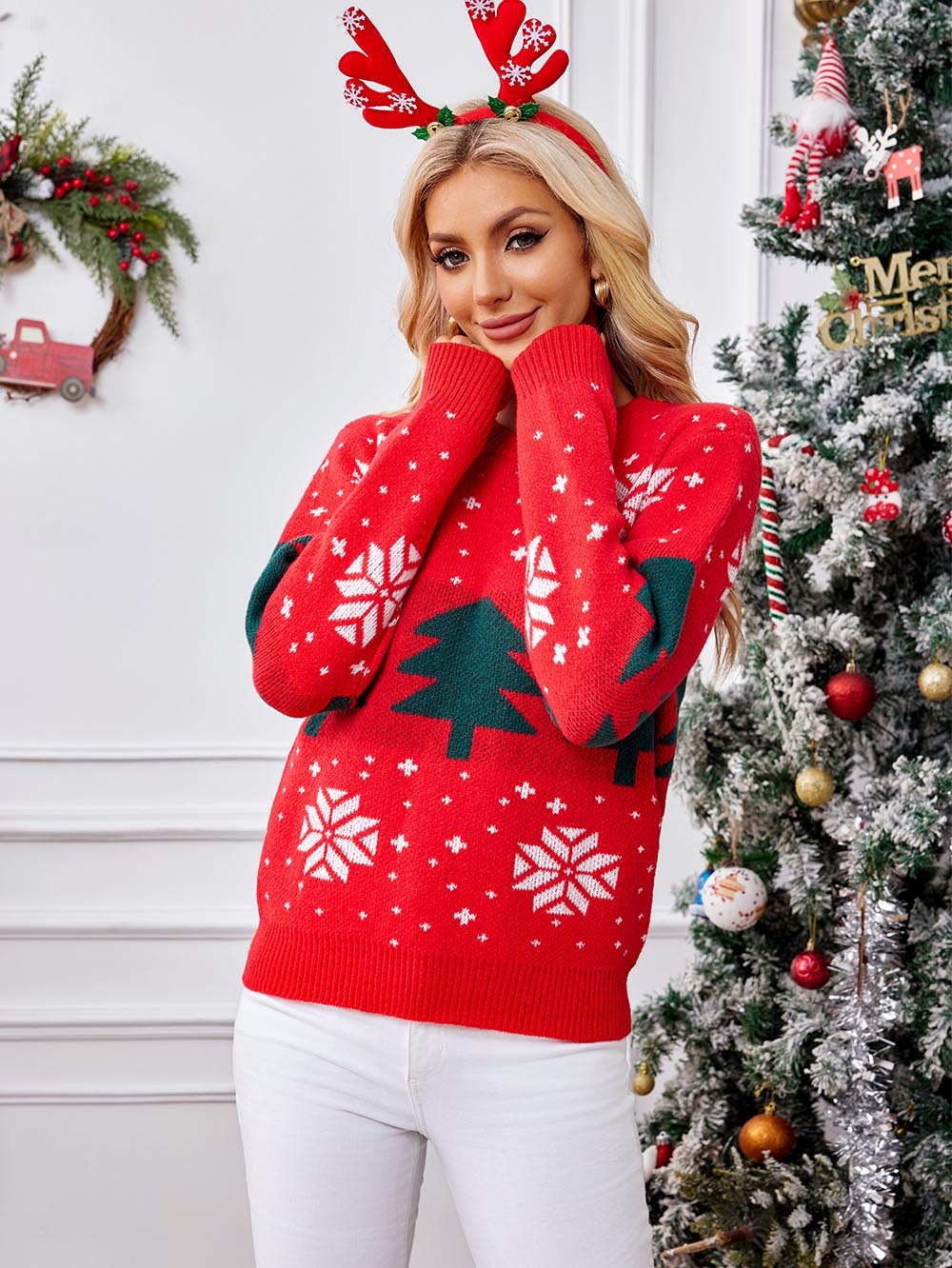 Dorotea® | Red Christmas tree jacquard sweater