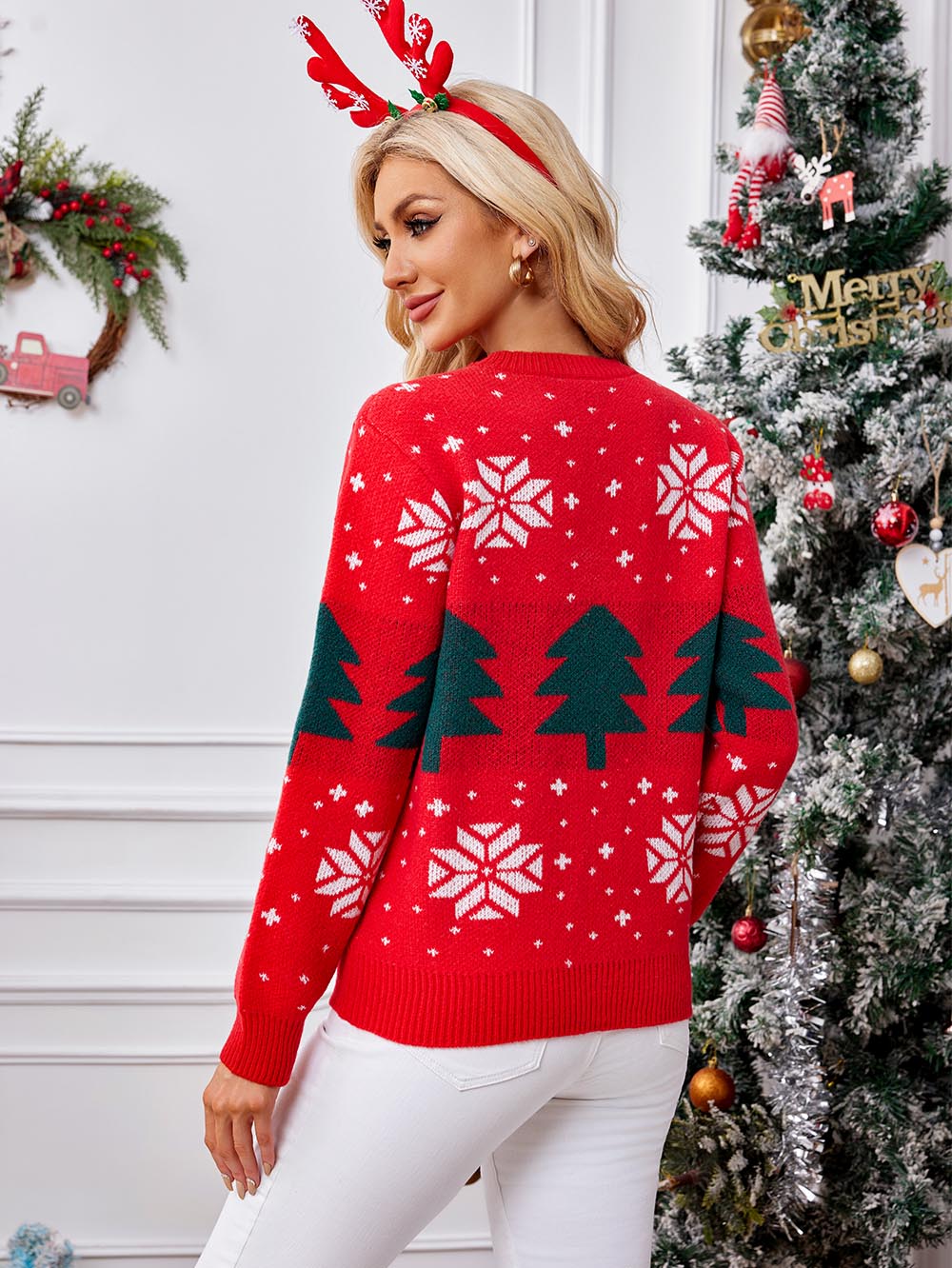 Dorotea® | Red Christmas tree jacquard sweater