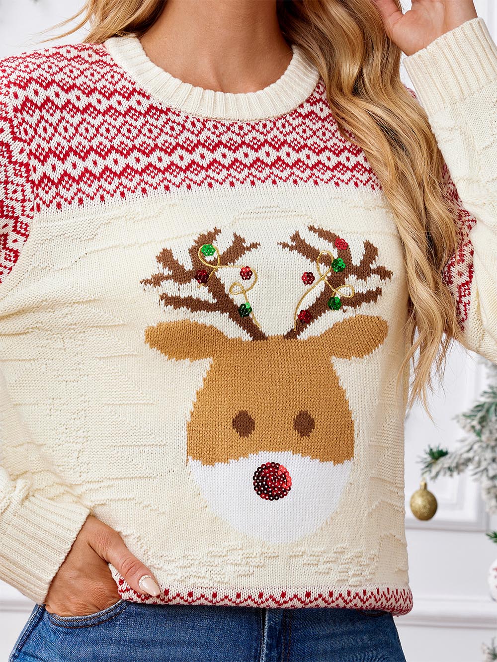 Delia® | Ugly Christmas sweater with reindeer sequin embroidery