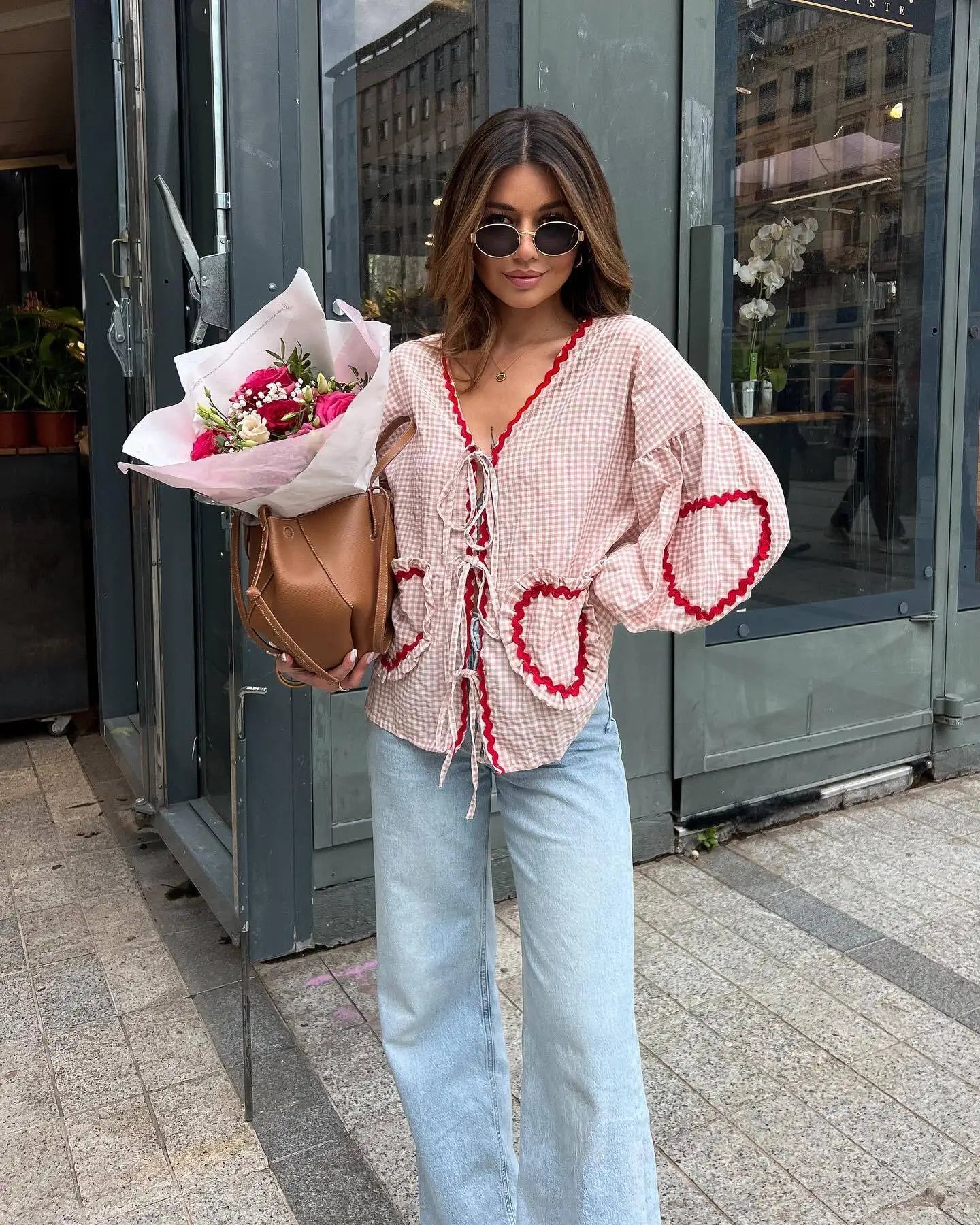 Antonia® | Vintage Blouse Stylish Women'S Blouse With Heart Pattern, Long Sleeves And Bow Details