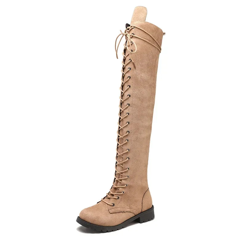 Women’s Over-the-Knee Boots – Suede Feel – Lace-Up Front – Side Zipper – Rugged Sole