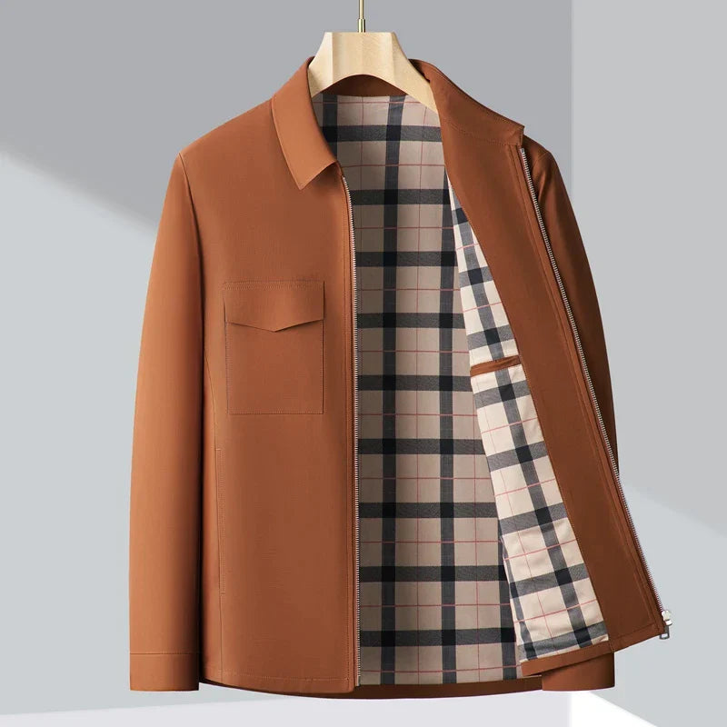 Men’s Jacket – Structured Fit – Collared – Plaid Lining – Hip Length – Casual Style