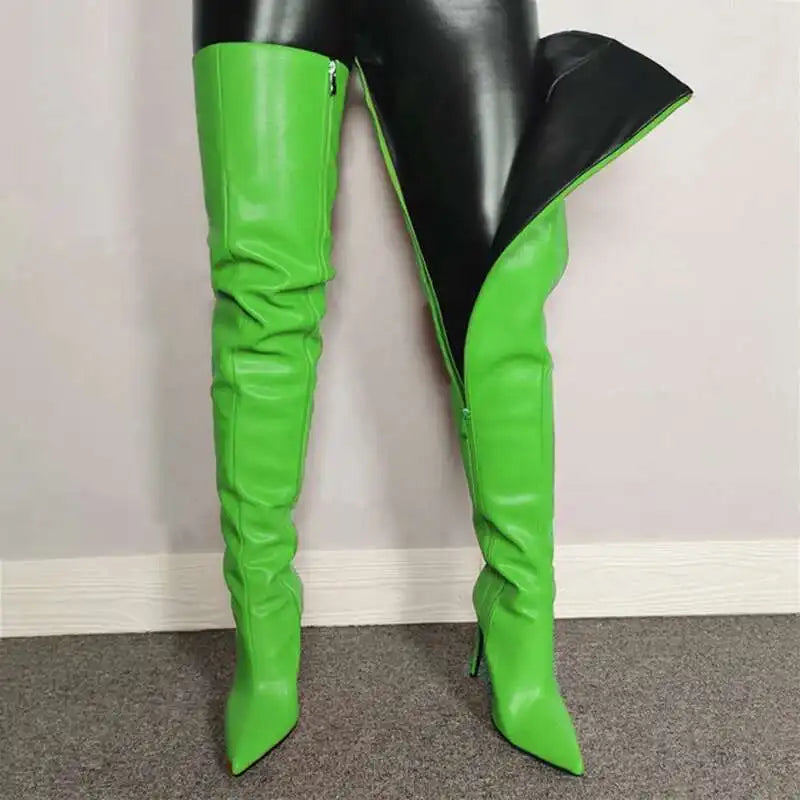 Women’s Over-the-Knee Boots – High Heel – Pointed Toe – Glossy Faux Leather – Zipper Closure