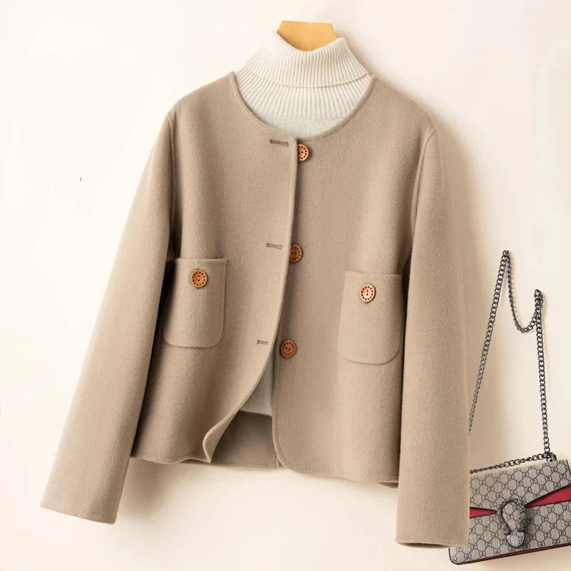Women’s Cropped Jacket – Wool Blend – Relaxed Fit – Collarless – Button Detail – Pockets