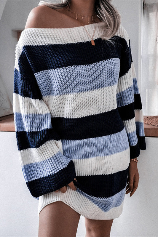 Elena® | Striped knit dress with a slit neckline