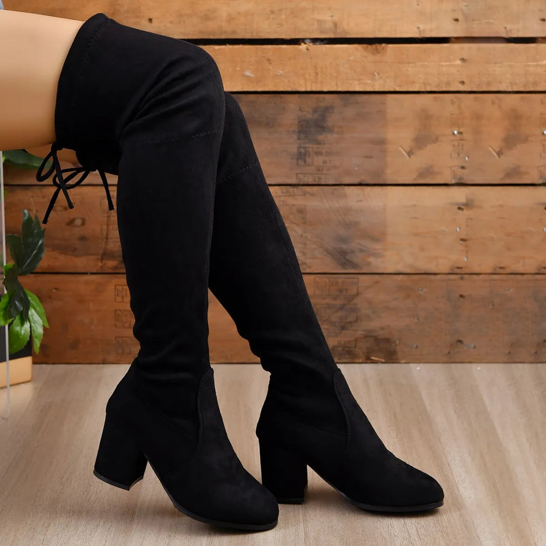 Women’s Over-the-Knee Boots – Suede – Block Heel – Pointed Toe – Lace-Up Back