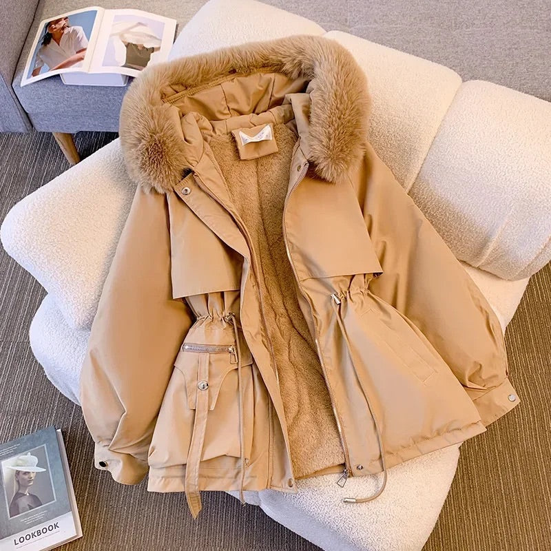 Women’s Mid-Length Coat – Relaxed Fit – Faux Fur Lined – Hooded – Adjustable Waist
