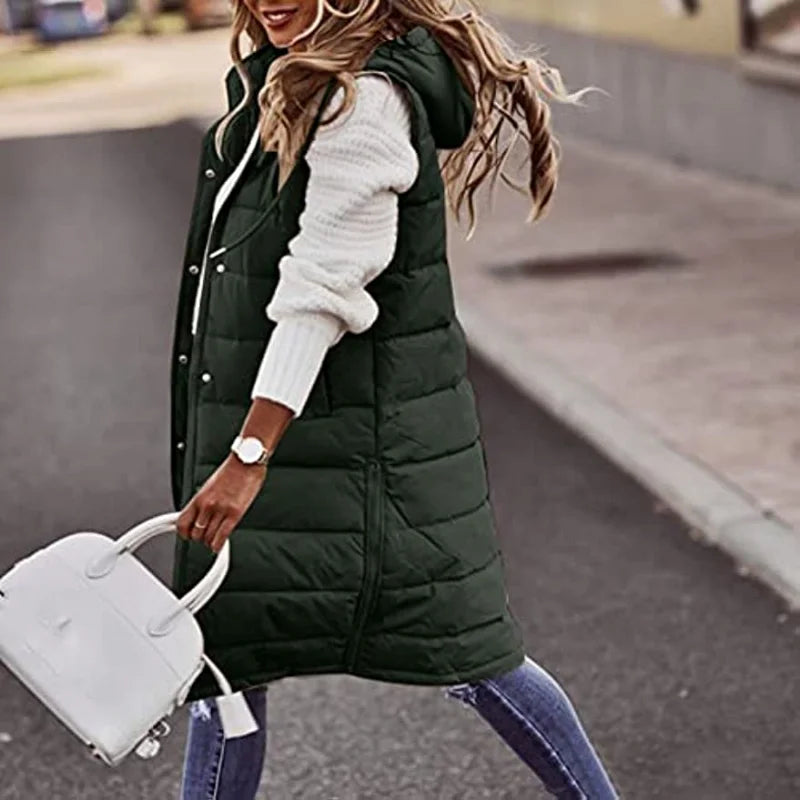 Women’s Quilted Vest – Relaxed Fit – Long Length – Hooded – Insulated Casual Layer