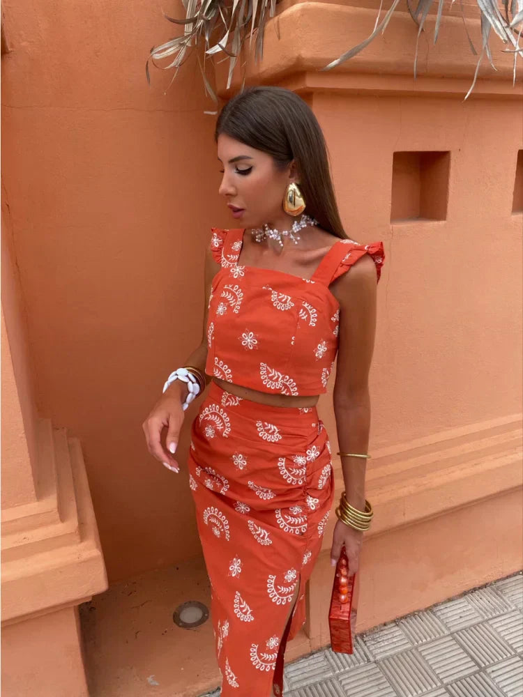 Cinthia® | Bohemian two piece set with crop top and midi skirt
