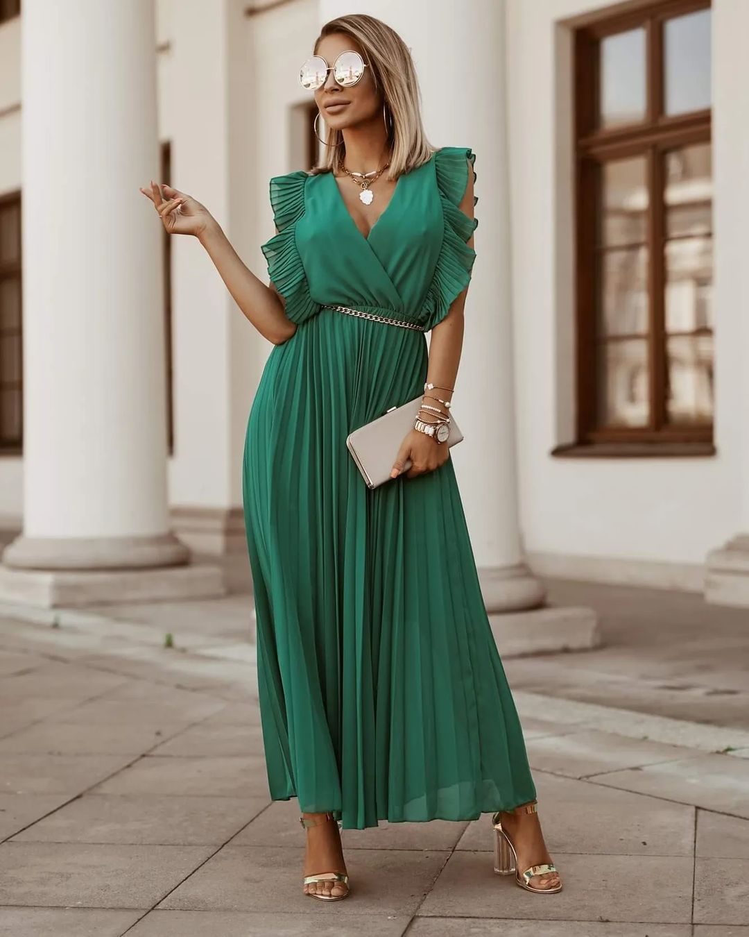 Catalina® | Green Maxi Dress With Pleats