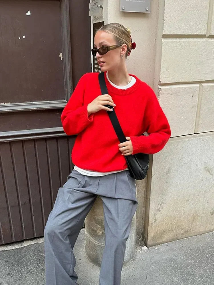 Antonella® | Elegant round neck sweater made of red cotton for women