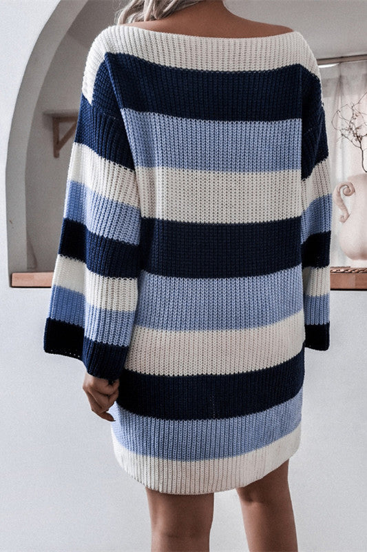 Elena® | Striped knit dress with a slit neckline