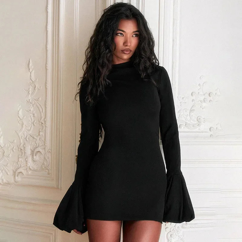 Antonia® | Black mini dress with pull sleeves and a high waist