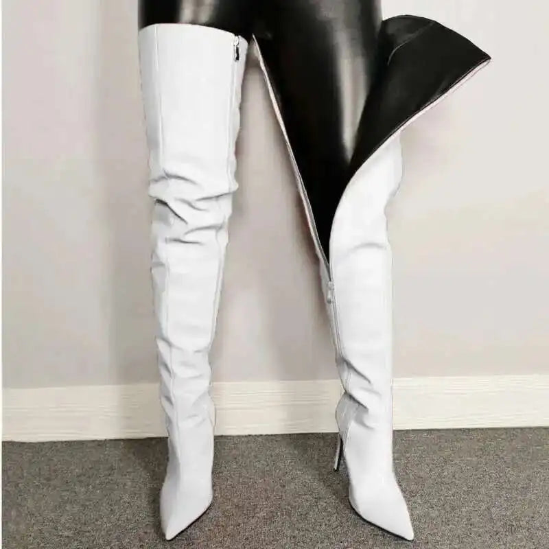 Women’s Over-the-Knee Boots – High Heel – Pointed Toe – Glossy Faux Leather – Zipper Closure