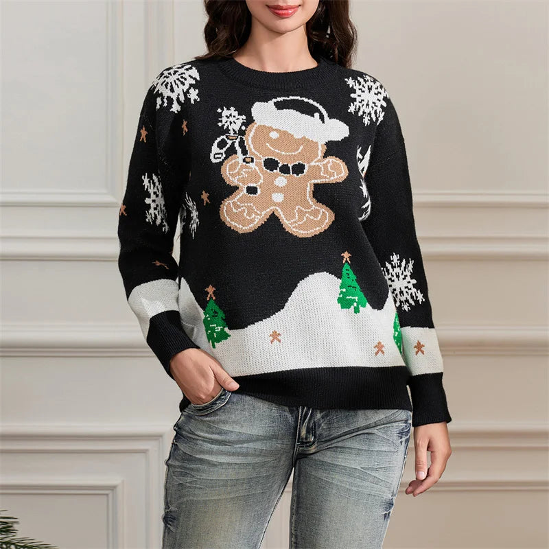 Elin® | Warm women's knitted sweater with a snowflake gingerbread print and a crew neck