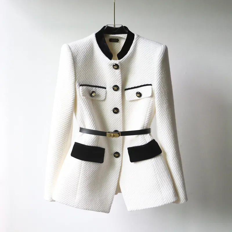 Women’s Wool Coat – Tailored Fit – Button Closure – Waist Belt – Hip Length – Flap Pockets