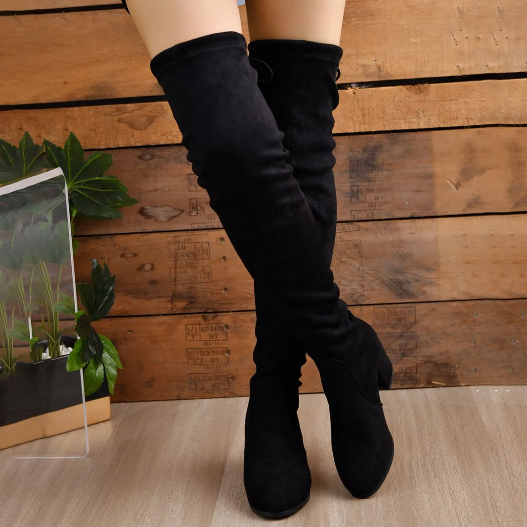 Women’s Over-the-Knee Boots – Suede – Block Heel – Pointed Toe – Lace-Up Back