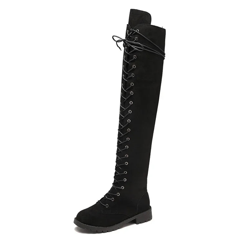 Women’s Over-the-Knee Boots – Suede Feel – Lace-Up Front – Side Zipper – Rugged Sole