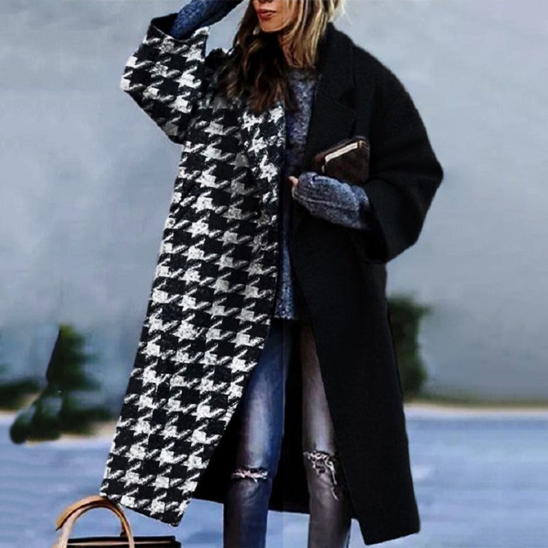 Women’s Long Coat – Wool Blend – Oversized Fit – Single Button – Color block Style