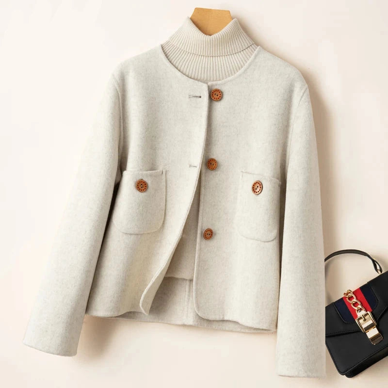 Women’s Cropped Jacket – Wool Blend – Relaxed Fit – Collarless – Button Detail – Pockets