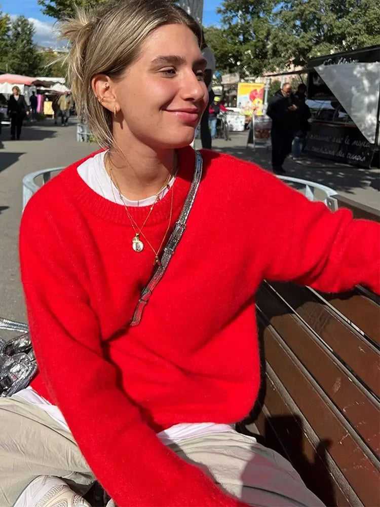 Antonella® | Elegant round neck sweater made of red cotton for women