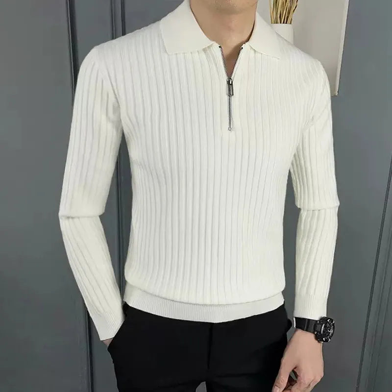 Men’s Pullover Sweater – Wool – Half Zip – Ribbed – Polo Collar – Regular Fit