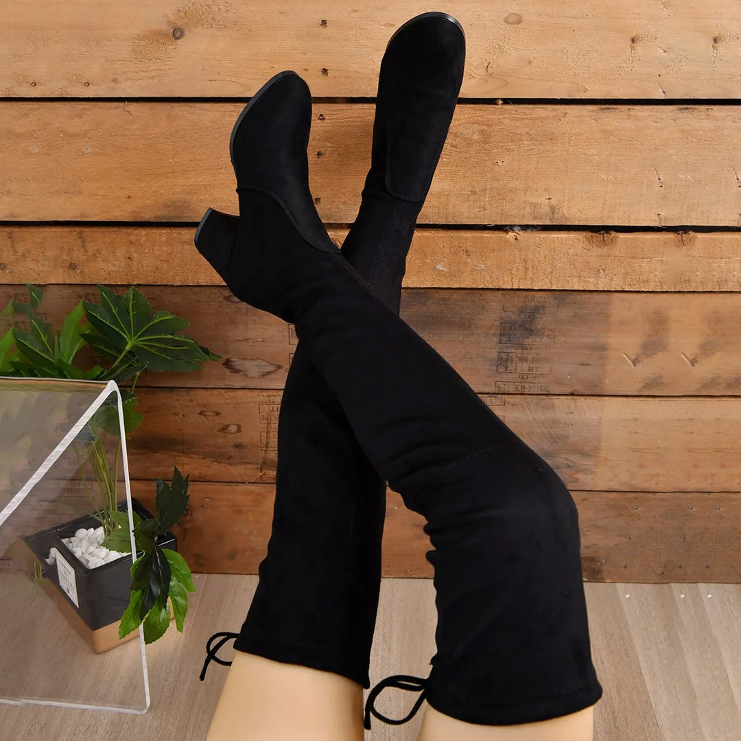 Women’s Over-the-Knee Boots – Suede – Block Heel – Pointed Toe – Lace-Up Back