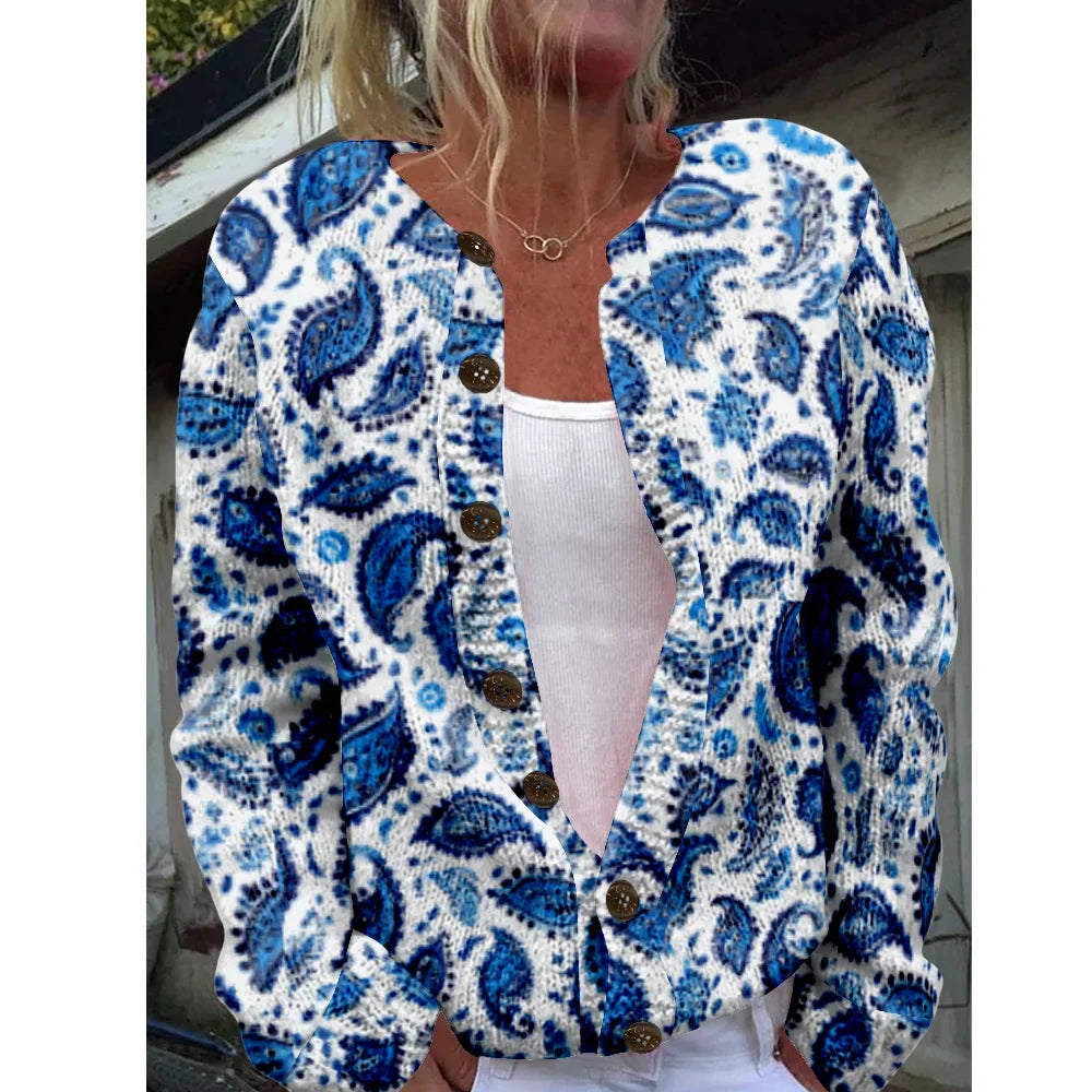 Bianca | Knitted cardigan with blue paisley print