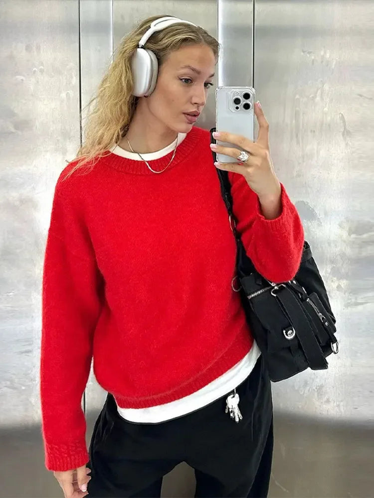 Antonella® | Elegant round neck sweater made of red cotton for women